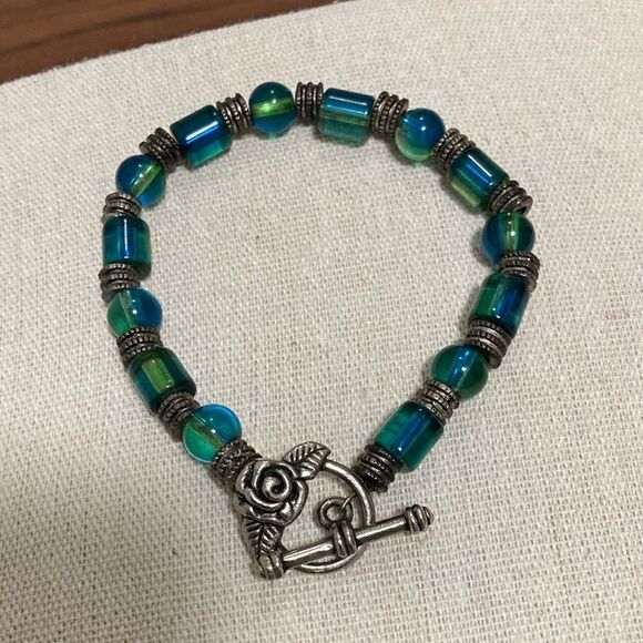 Artisan Made Bracelet with Square & Round Glass Beads  Decorative Toggle Closure - Picture 1 of 6